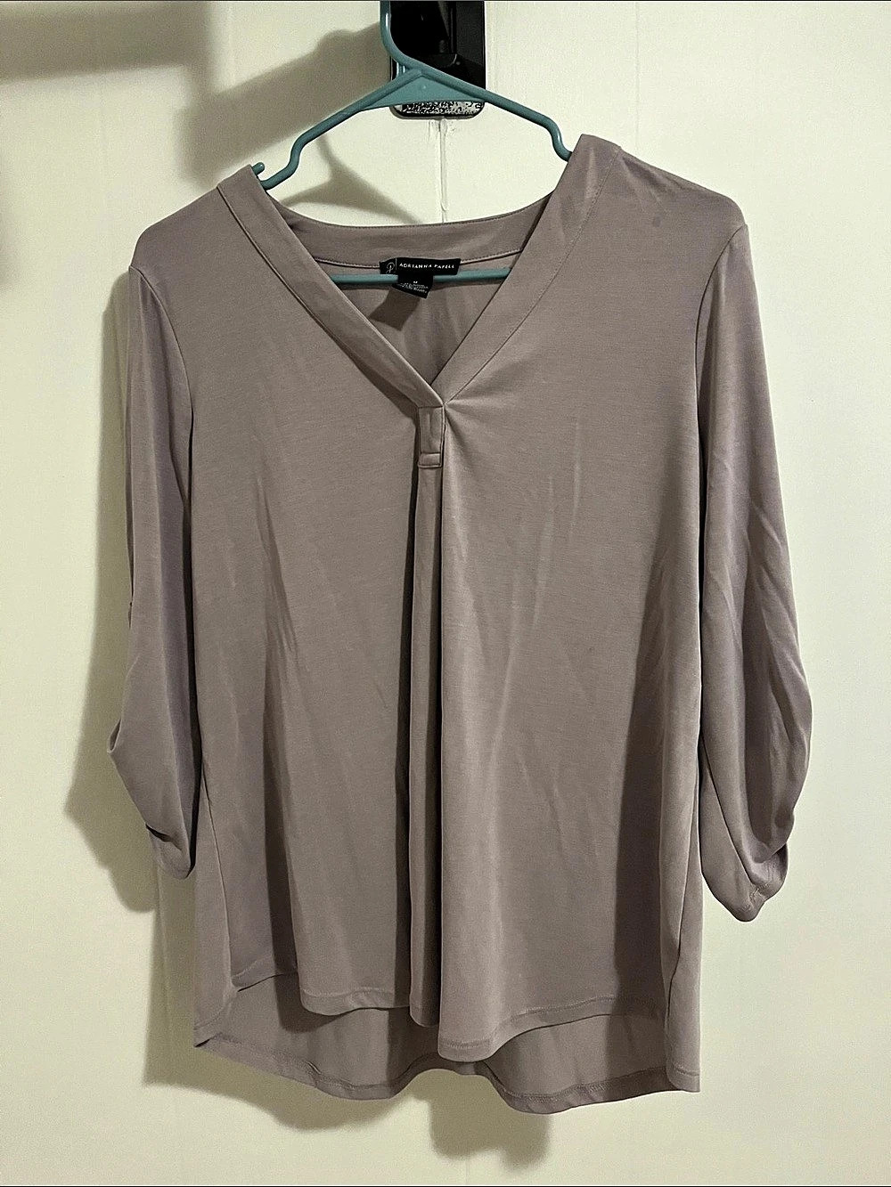 Adrianna Papell V-Neck Roll Tab Sleeve Modal Blouse Purple Medium